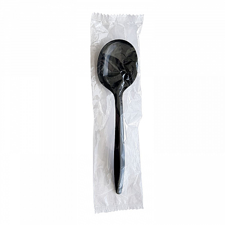 Mediumweight Wrapped Polypropylene Cutlery, Soup Spoon, Plastic, Black, 1,000/Carton (SOUPBLPPIW)