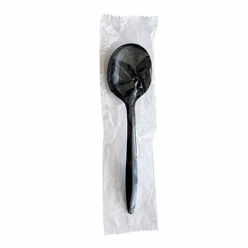 Mediumweight Wrapped Polypropylene Cutlery, Soup Spoon, Plastic, Black, 1,000/Carton (SOUPBLPPIW)