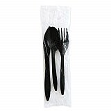 Three-Piece Polystyrene Cutlery Kit, Mediumweight, Fork/Knife/Spoon, Plastic, Black, 250/Carton (3KITBLPS)
