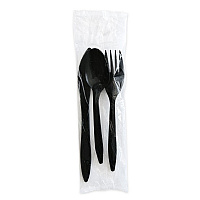 Three-Piece Polystyrene Cutlery Kit, Mediumweight, Fork/Knife/Spoon, Plastic, Black, 250/Carton (3KITBLPS)