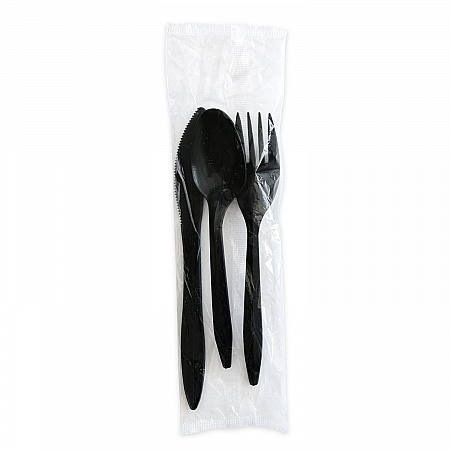 Three-Piece Polystyrene Cutlery Kit, Mediumweight, Fork/Knife/Spoon, Plastic, Black, 250/Carton (3KITBLPS)