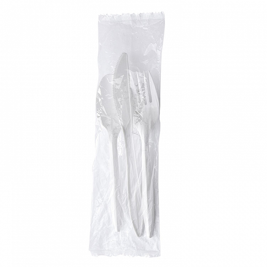 Three-Piece Polystyrene Cutlery Kit, Mediumweight, Fork/Knife/Spoon, Plastic, White, 250/Carton (3KITWHPS)
