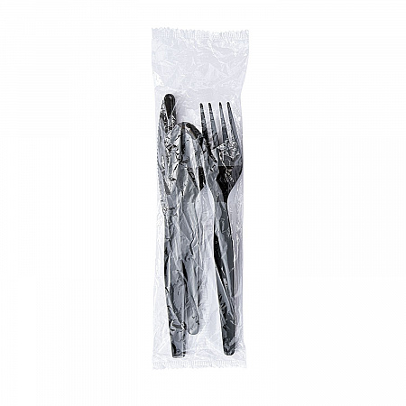Three-Piece Polystyrene Cutlery Kit, Heavyweight, Fork/Knife/Spoon, Plastic, Black, 250/Carton (3KITHVYBL)