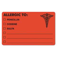 Tabbies Allergy Warning Labels, ALLERGIC TO: PENICILLN, CODEINE, SULFA, 2.5 x 4, Fluorescent Red, 100/Roll (00488)