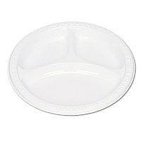 Plastic Dinnerware, 3-Compartment Plates, 9" dia, White, 125/Pack (19644WH)