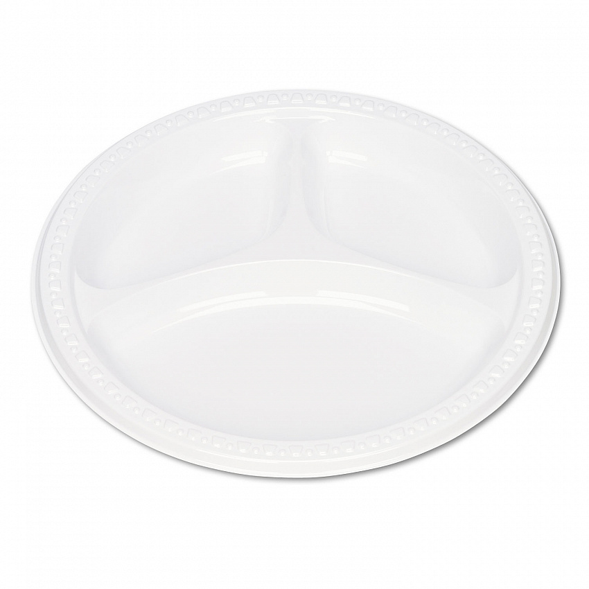 Plastic Dinnerware, 3-Compartment Plates, 9" dia, White, 125/Pack (19644WH)