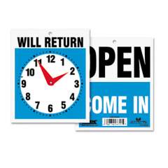 Headline Sign Double-Sided Open/Will Return Sign w/Clock Hands, Plastic, 7 1/2 x 9 (9382)